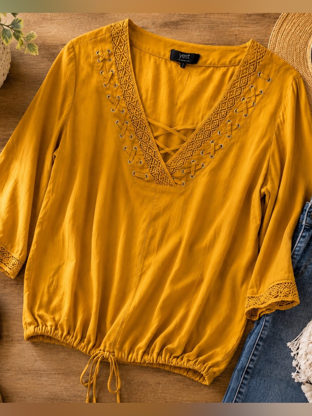 Yest Mustard Yellow Lace-Up Boho Blouse | NWT | Size US 8 (EU 38)